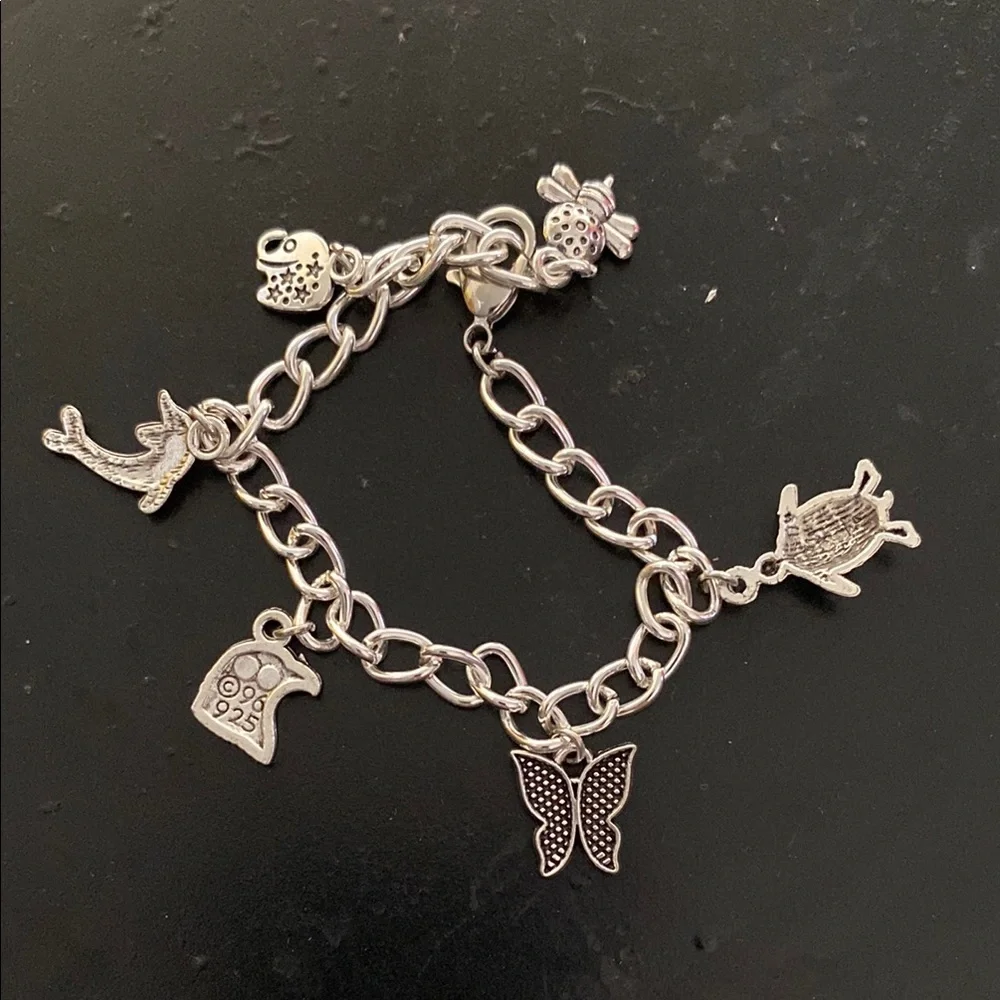 Silver Charm Bracelet with Animal Pendants Hand Crafted